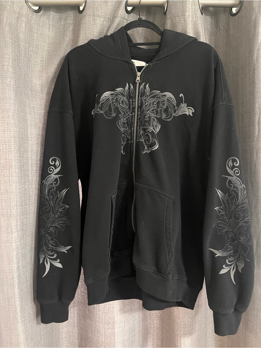 Hollister Black Zip-Up Hoodie with Silver Graphic Flourish